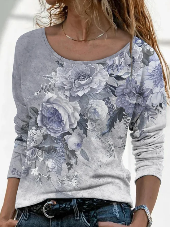 Women Floral Crew Neck Jersey Long Sleeve Casual Daily Spring/Fall T-shirt