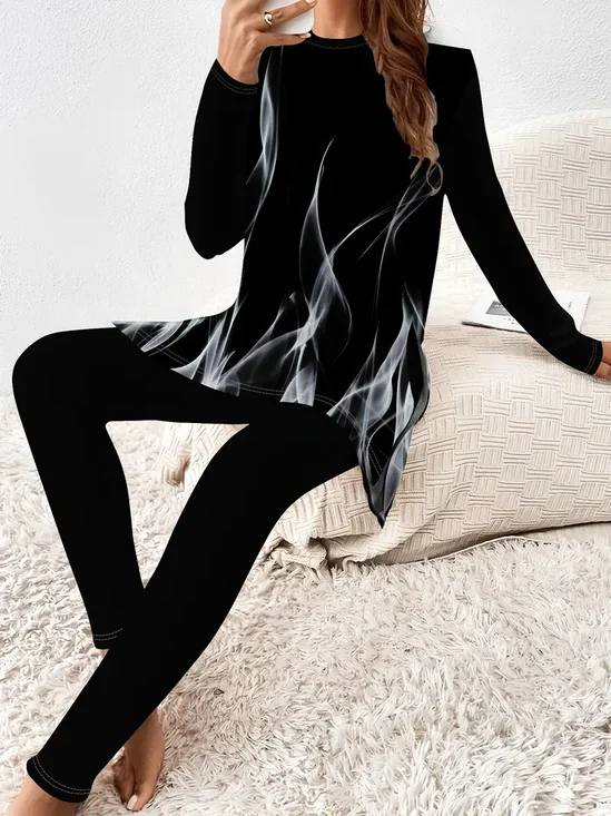 Women Abstract Jersey Long Sleeve Top With Pants Casual Printing Spring/Fall Crew Neck Two-Piece Set