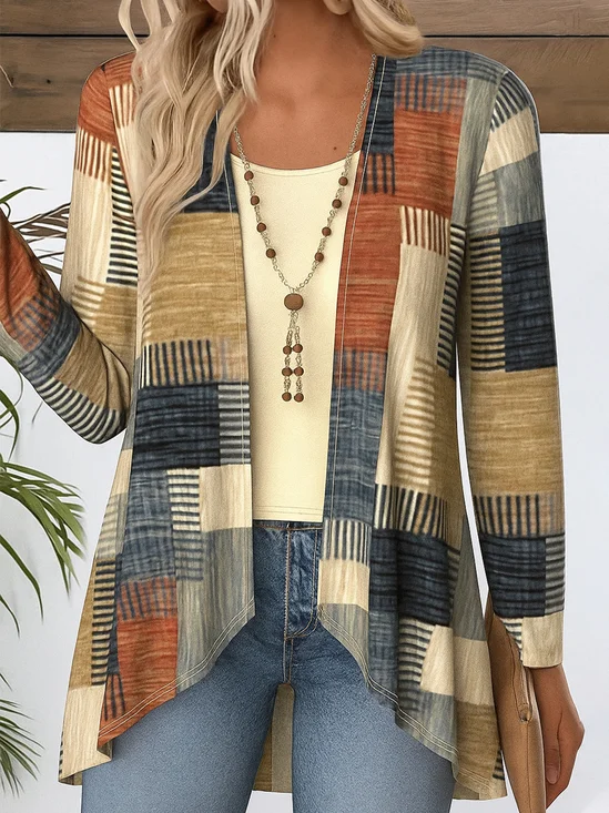 Women Geometric V Neck Cotton Long Sleeve Vintage Daily Spring/Fall Blouse