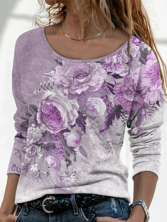 Women Floral Crew Neck Jersey Long Sleeve Casual Daily Spring/Fall T-shirt