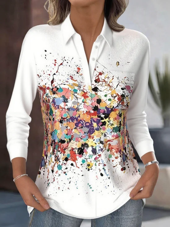 Women's Artistic Pattern Patch Pocket Long Sleeve Shirt Loose and Comfortable Regular Top