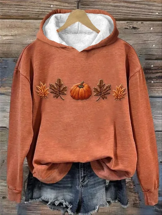 Women's Halloween Pumpkin Maple Leaf Print Casual Long Sleeve Hooded Sweatshirt