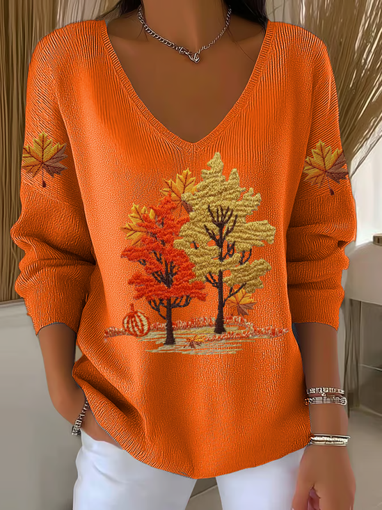 Women Maple Leaf V Neck Long Sleeve Casual Daily Spring/Fall T-shirt
