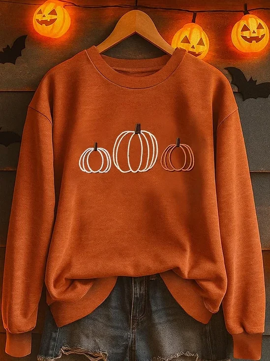 Women's Halloween Pumpkin Print Casual Crew Neck Long Sleeve Sweatshirt