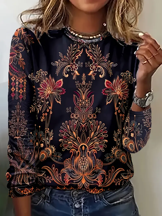 Women Floral Crew Neck Jersey Long Sleeve Casual Daily Spring/Fall T-shirt