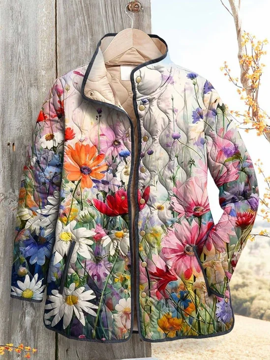 Women Floral Stand Collar Long Sleeve Vintage Printing Winter Daily Padded Jacket Outerwear