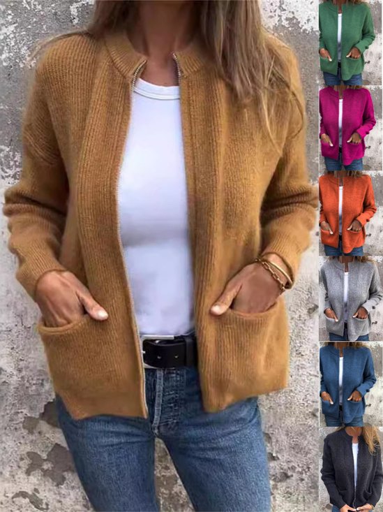 Women Plain Stand Collar Bomber Jacket Long Sleeve Vintage Split Joint Spring/Fall Daily Jacket Outerwear