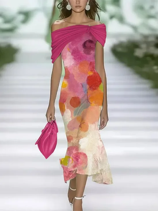 Women Abstract Cold Shoulder Printing Vintage Summer Daily Maxi H-Line Dress