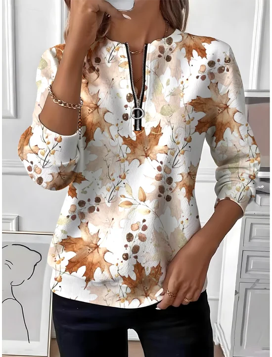 Women Maple Leaf Crew Neck Long Sleeve Vintage Daily Spring/Fall Sweatshirt