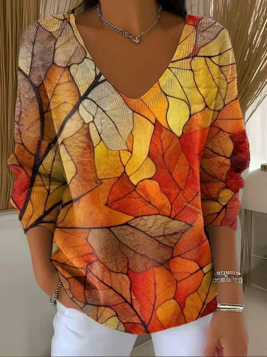 Women Painting V Neck Cotton Long Sleeve Casual Daily Spring/Fall Sweater