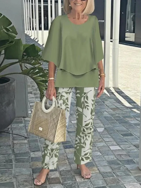 Women Striped Three Quarter Sleeve Top With Pants Vintage Spring/Fall Crew Neck Two-Piece Set