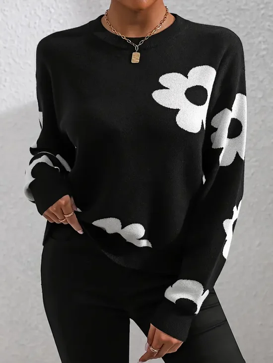 Women Floral Crew Neck Long Sleeve Casual Daily Spring/Fall Sweater