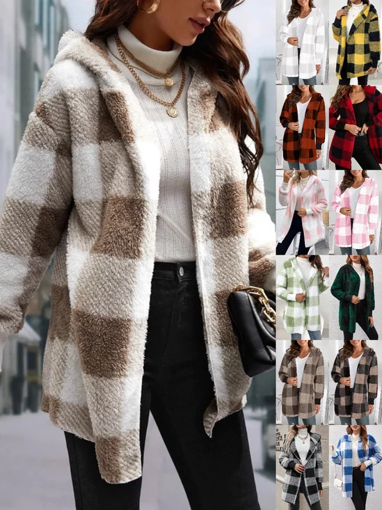 Women Plaid Hooded Zip Up Hoodie Long Sleeve Vintage Split Joint Spring/Fall Daily Jacket Outerwear