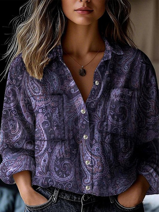Women Paisley Shawl Collar Long Sleeve Vintage Daily Spring/Fall Shirt