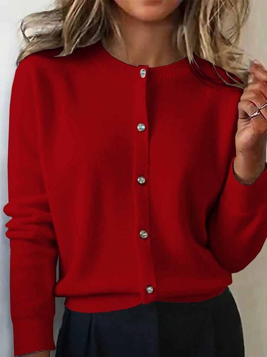Women Plain Crew Neck Long Sleeve Vintage Daily Winter Cardigan