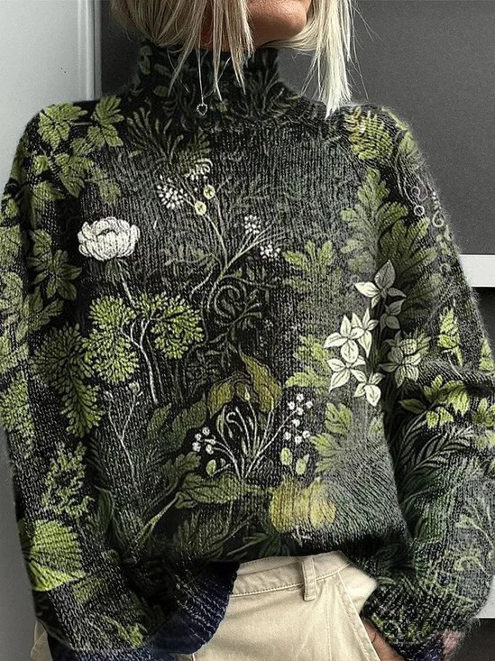 Women Floral Turtleneck Long Sleeve Vintage Daily Spring/Fall Sweater