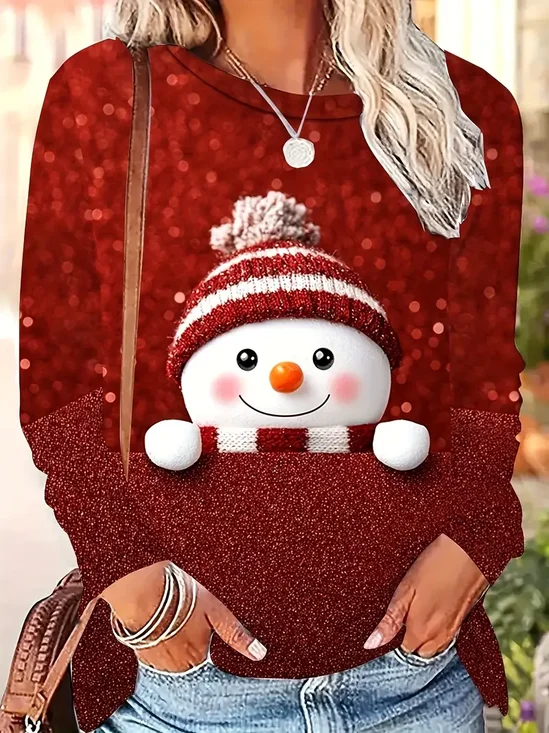 Women Christmas Snowman Crew Neck Jersey Long Sleeve Casual Daily Spring/Fall T-shirt