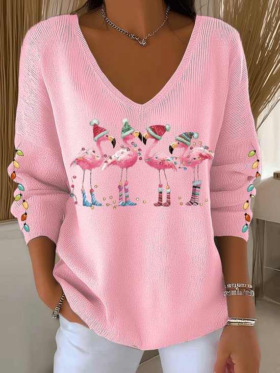 Women Christmas V Neck Long Sleeve Casual Daily Spring/Fall T-shirt