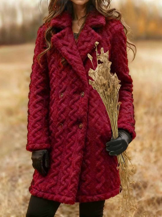 Women Plain Shawl Collar Flannel Jacket Long Sleeve Casual Jacquard Winter Daily Coat Outerwear