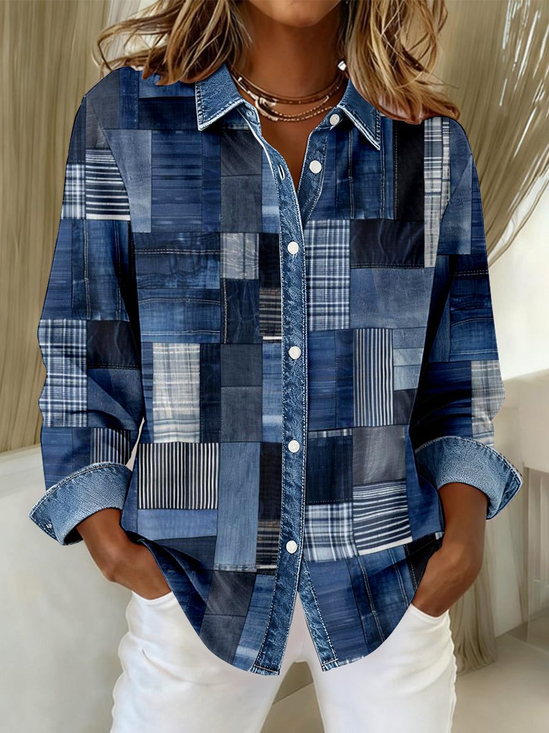 Women Faux Denim Print Graphic Shirt Collar Long Sleeve Casual Daily Spring/Fall Shirt