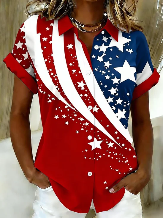Women America Flag Shirt Collar Short Sleeve Casual Daily Summer Shirt