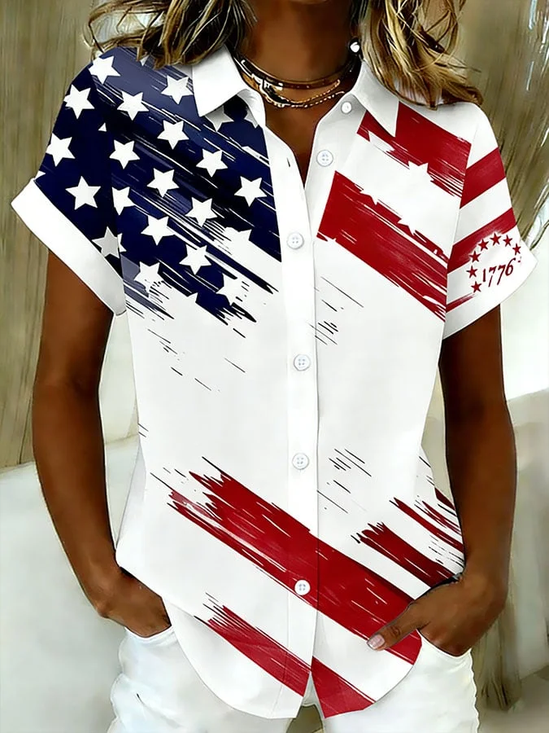 Women America Flag Shirt Collar Short Sleeve Casual Daily Summer Shirt