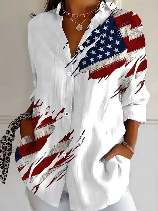 Women America Flag Shirt Collar Long Sleeve Casual Daily Spring/Fall Shirt