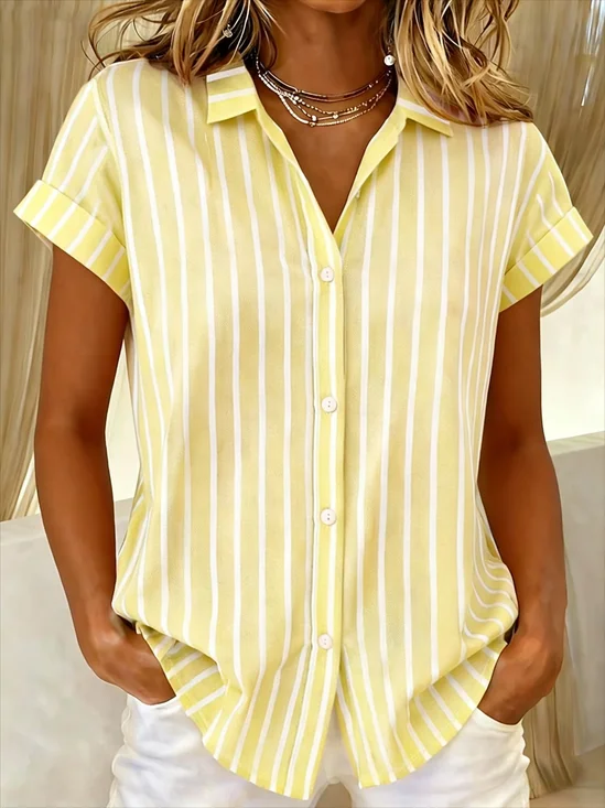 Women Striped Shirt Collar Short Sleeve Casual Daily Summer Shirt