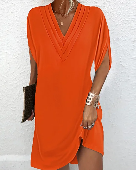 Women Plain Cotton-Blend V Neck Ruffle Skirt Vintage Summer Daily Midi H-Line Dress