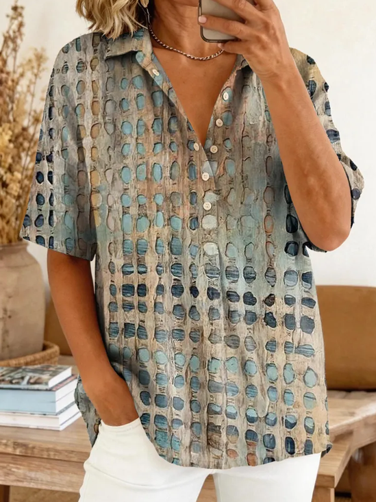 Women Abstract Shirt Collar Short Sleeve Casual Daily Summer Shirt