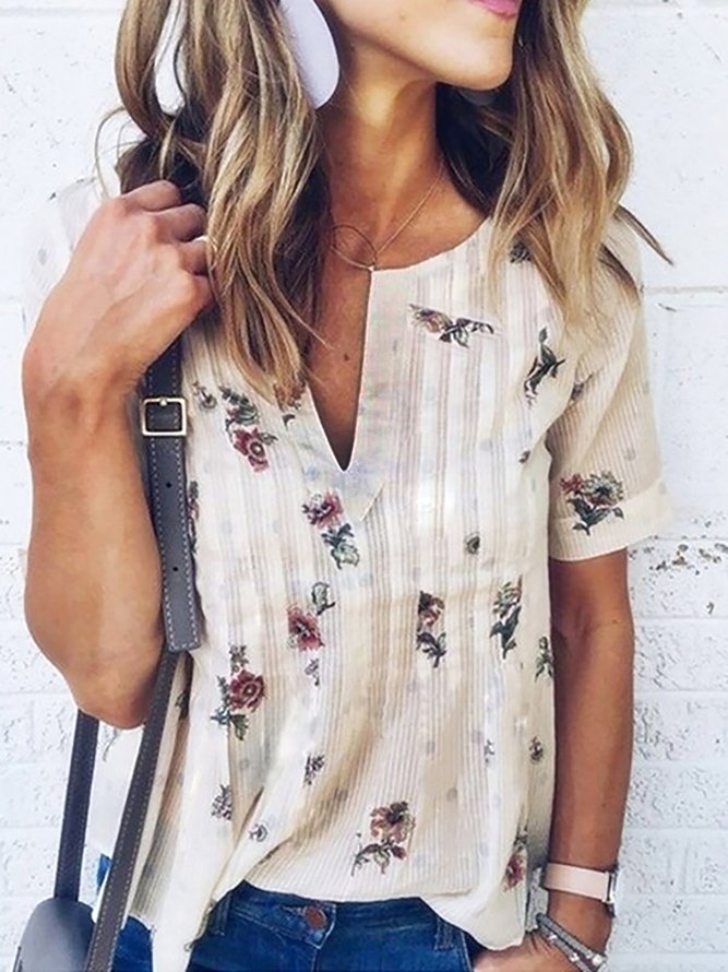 White V neck Floral-print Short Sleeve Shirts | anniecloth