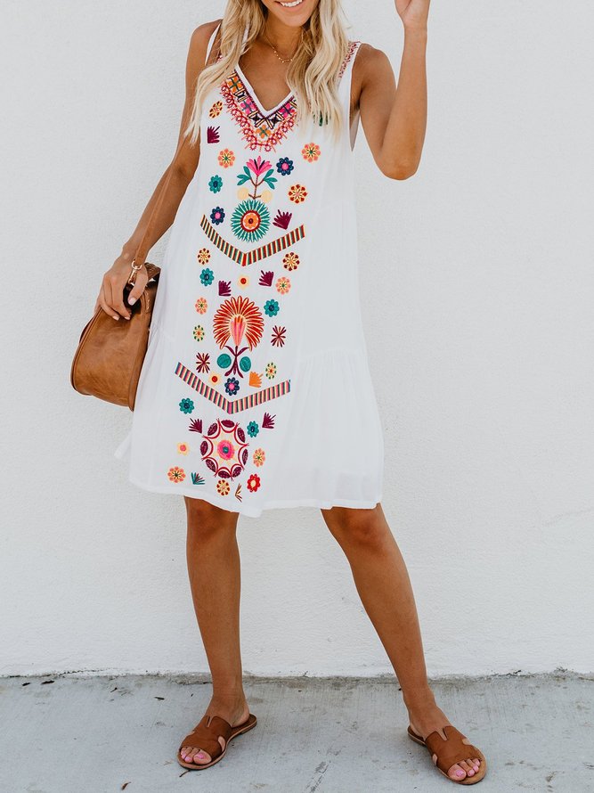 White Sleeveless Casual V Neck Dresses | anniecloth