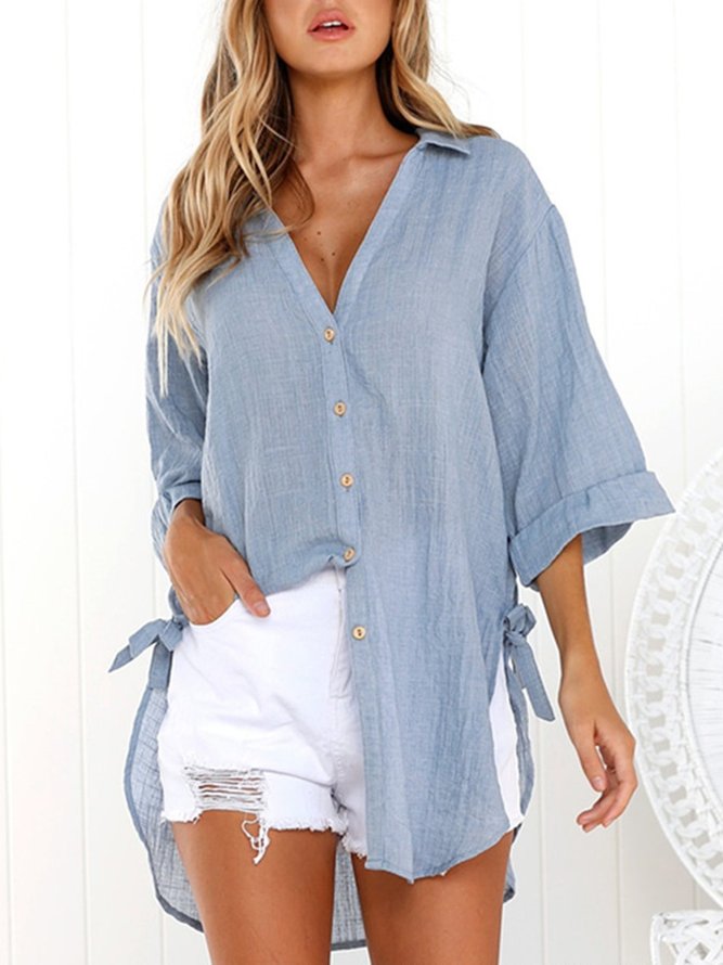 Collar Solid 3/4 Sleeve Casual Blouses