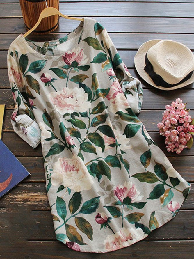 Women Daily Long Sleeve Floral-print Casual Dress