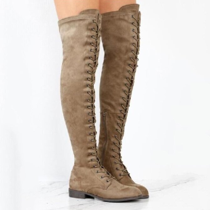 Women Knee-High Low Heel Lace-Up Martin Boots