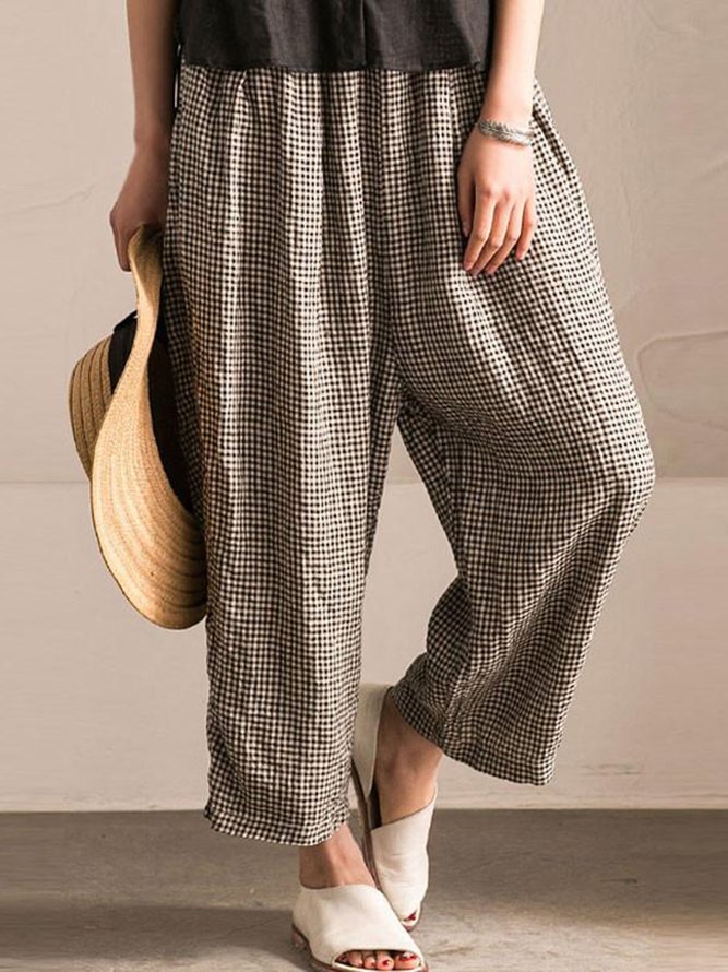 Solid Gathered Casual Plus Size Shift Linen Pants