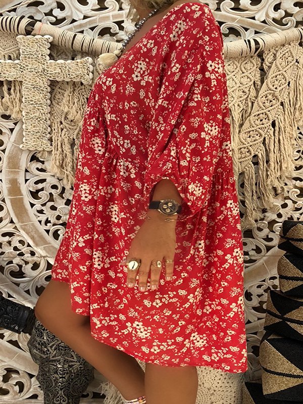 V neck  Swing Women Daily Long Sleeve Printed Floral Spring Dress