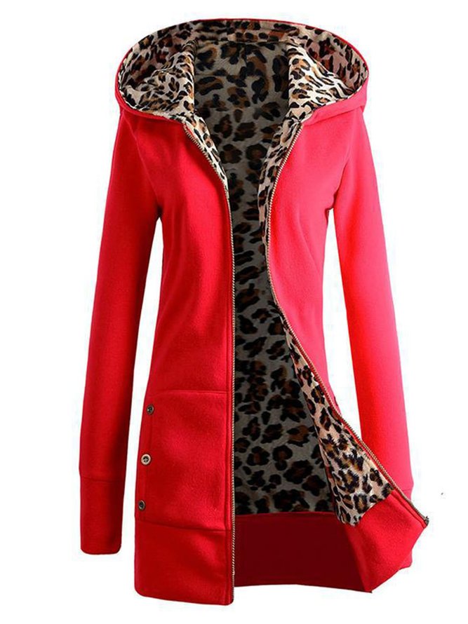 Zipper Leopard Print Casual Hoodie Coat