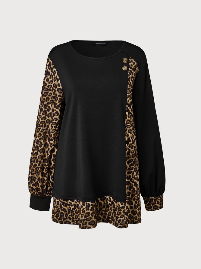 Casual Leopard Print Stitching Long-sleeved Shirts & Tops