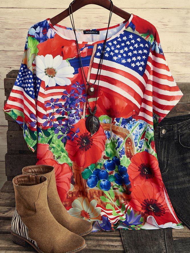 Floral And Flag Crew Neck Top
