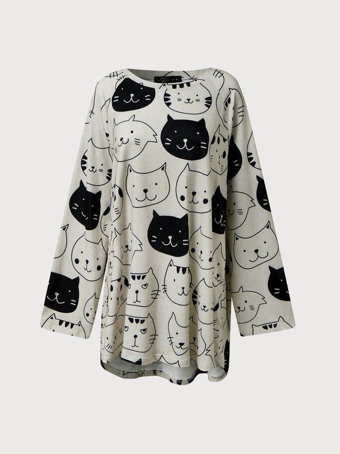 Casual Cute Cat Raglan Sleeve Shirts & Tops