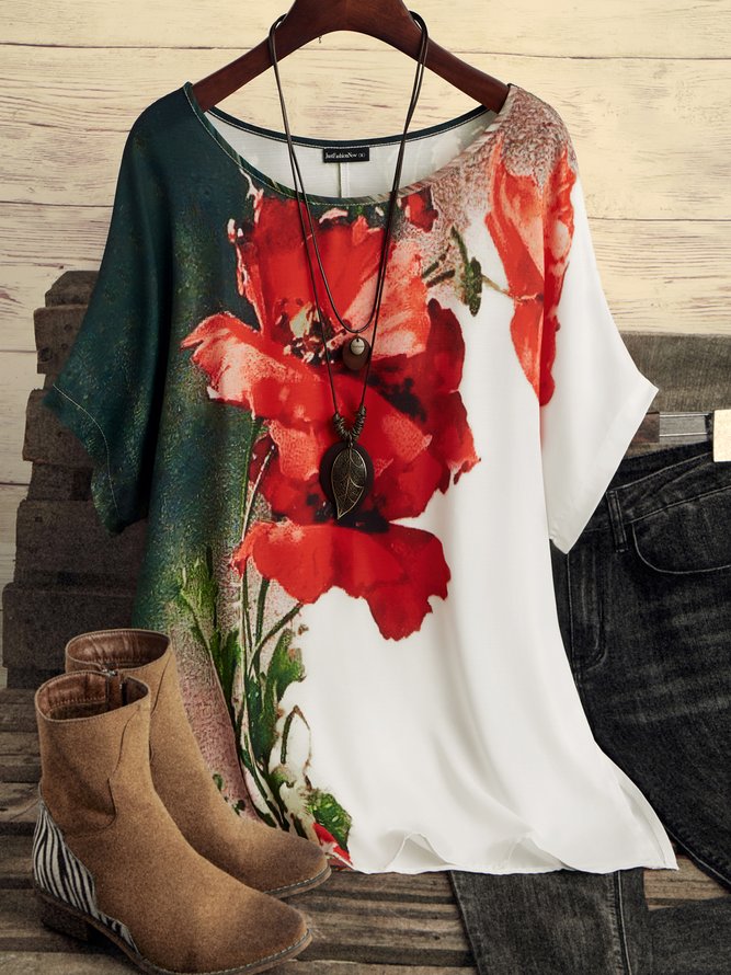Floral Design Casual Loose Doll Sleeve Crew Neck Short Sleeve T-Shirt