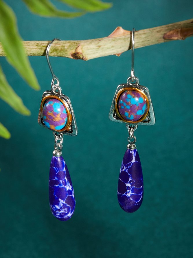 Retro Natural Blue Gemstone Drop Earrings Ethnic Style Casual Women's Jewelry