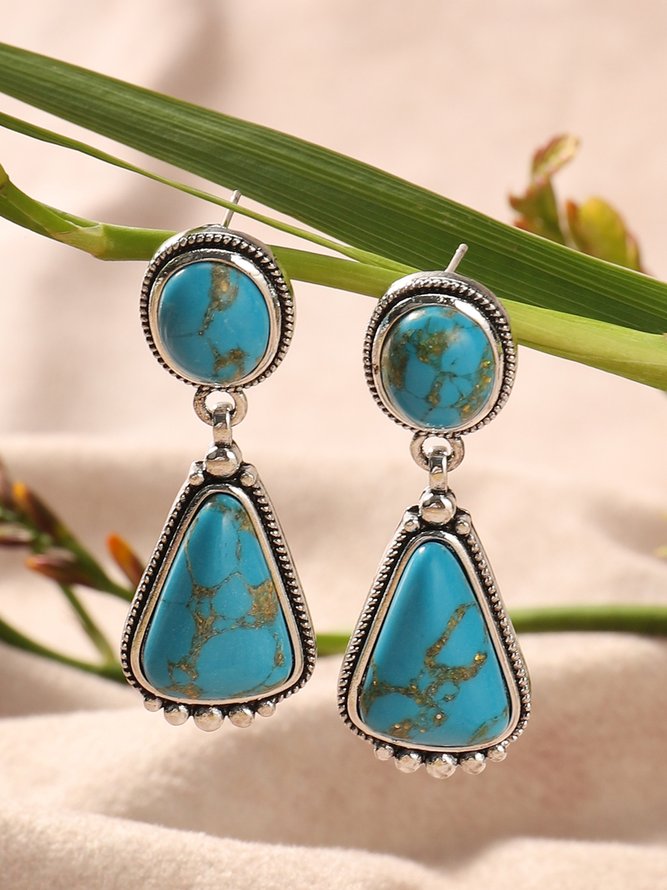 Ethnic Turquoise Geometric Drop Earrings Vintage Jewelry