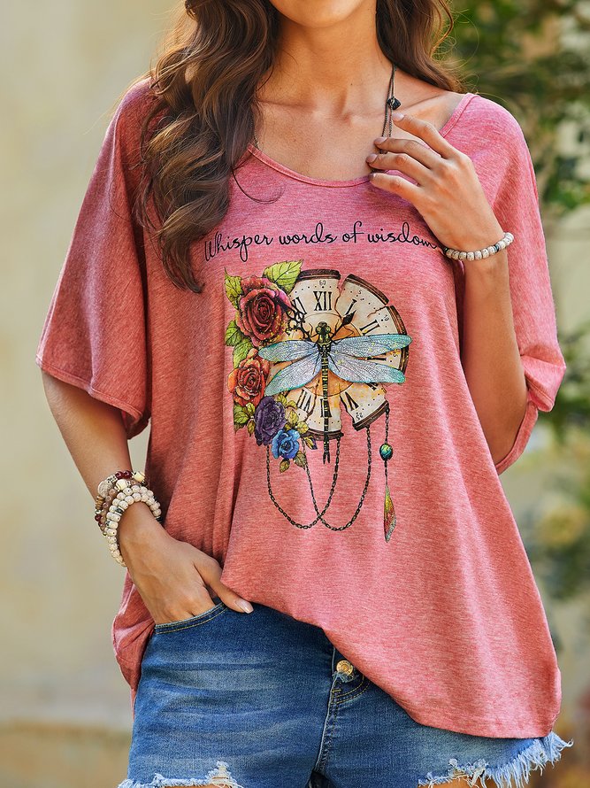 Oversized Whisper Words Of Wisdom Print Dragonfly And Flowers Graphic Tees