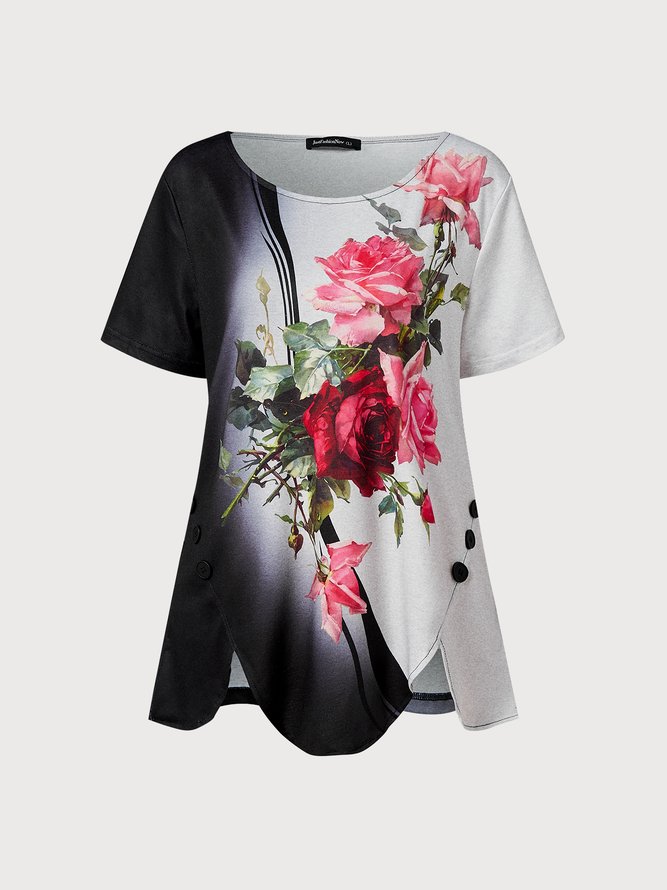 Casual Floral Design Round Neck Irregular Hem Knitted T-shirt