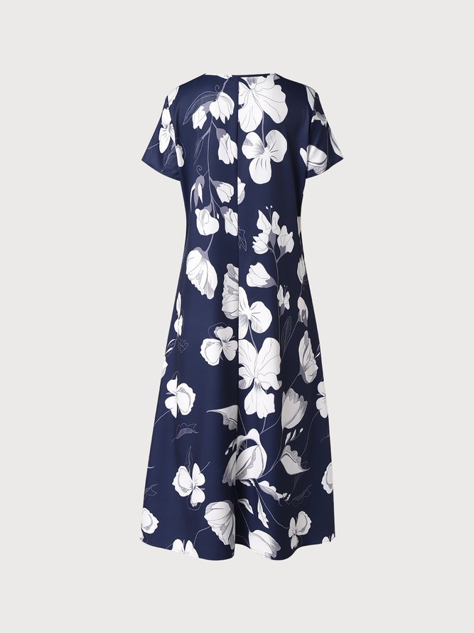 Cotton Blends Floral Loosen Short Sleeve Woven Dress