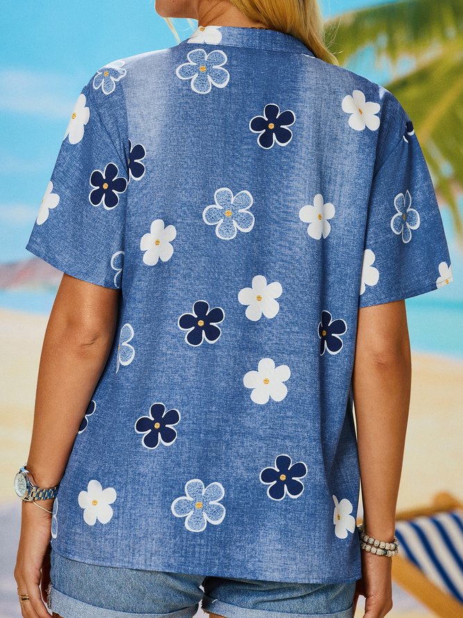 Printed Floral V-Neck Short Sleeve Casual Shirt