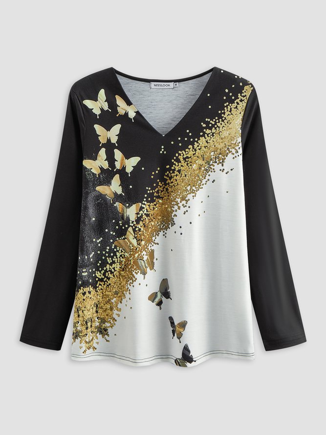 Butterfly V Neck Cotton-Blend Casual Shirt & Top