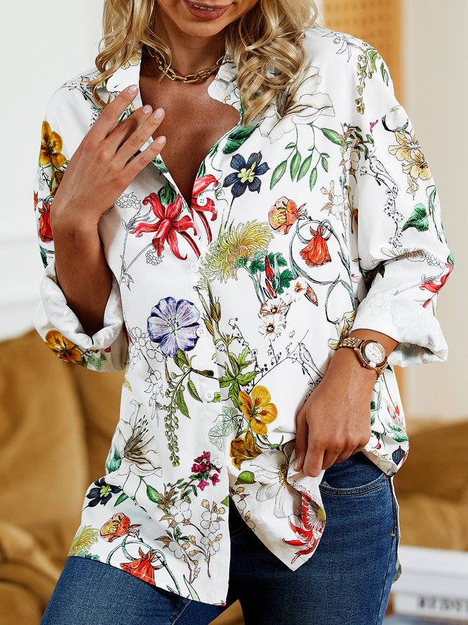 Floral Cotton Blends Shirt Collar Blouse